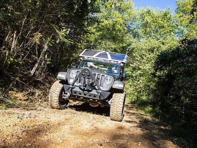 Un Jeep modificado al aire libre conduciendo por un camino de tierra a través de un bosque.